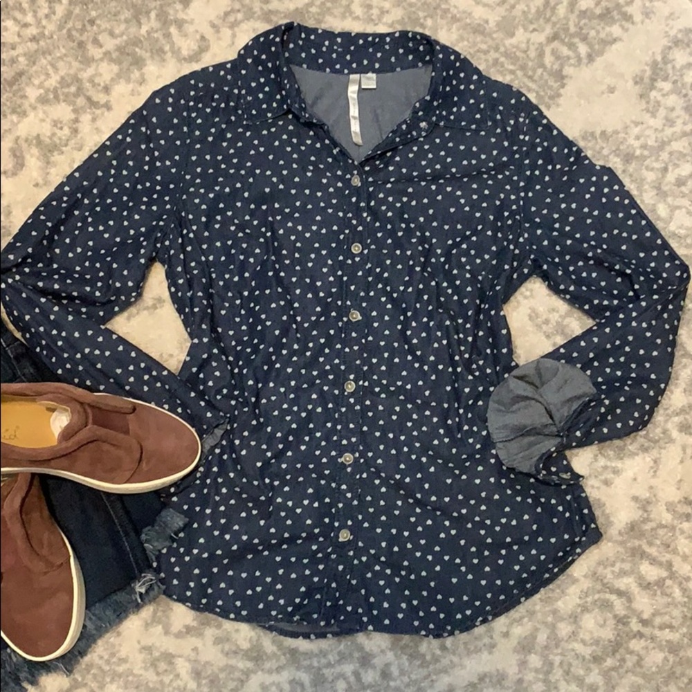 Little white hearts button down shirt
